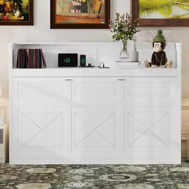 Cadre de lit mural escamotable double XL, lit armoire en bois avec bureau intégré, éclairage LED et station de charge USB
