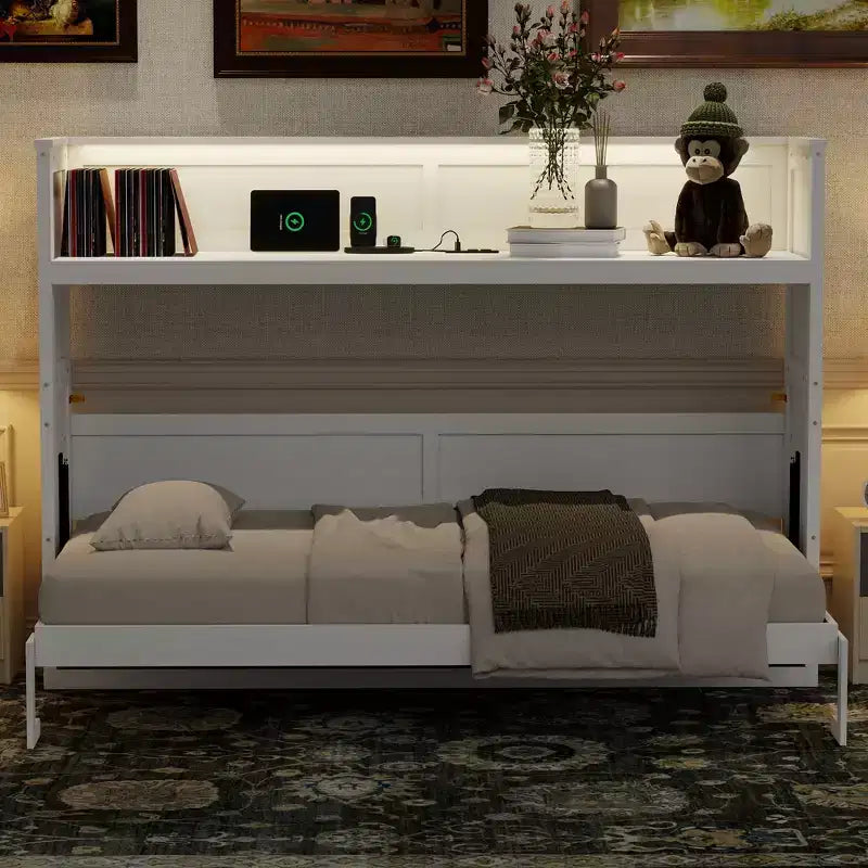 Cadre de lit mural escamotable double XL, lit armoire en bois avec bureau intégré, éclairage LED et station de charge USB