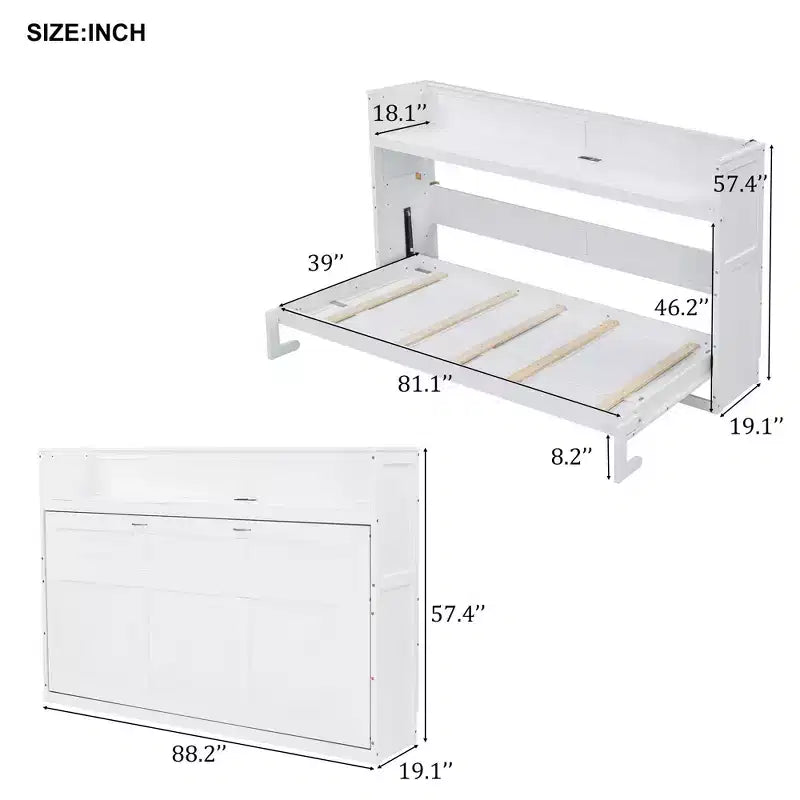 Cadre de lit mural escamotable double XL, lit armoire en bois avec bureau intégré, éclairage LED et station de charge USB