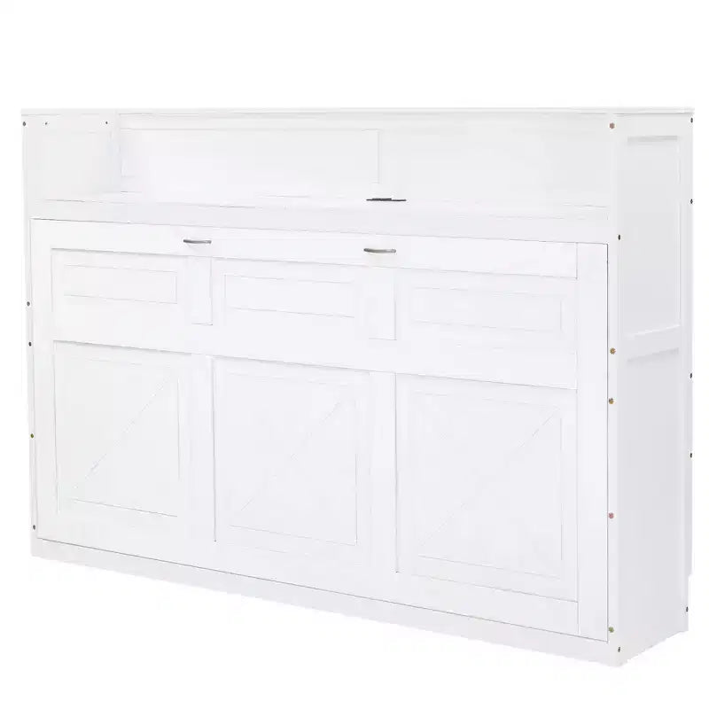 Cadre de lit mural escamotable double XL, lit armoire en bois avec bureau intégré, éclairage LED et station de charge USB