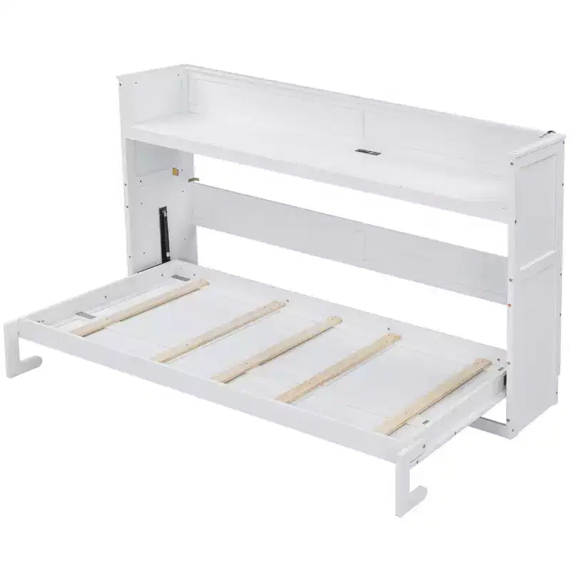Cadre de lit mural escamotable double XL, lit armoire en bois avec bureau intégré, éclairage LED et station de charge USB