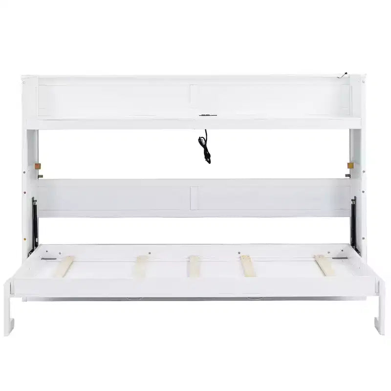 Cadre de lit mural escamotable double XL, lit armoire en bois avec bureau intégré, éclairage LED et station de charge USB