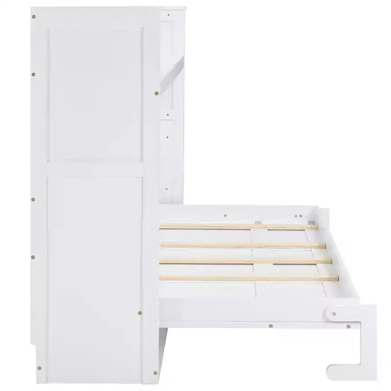 Cadre de lit mural escamotable double XL, lit armoire en bois avec bureau intégré, éclairage LED et station de charge USB