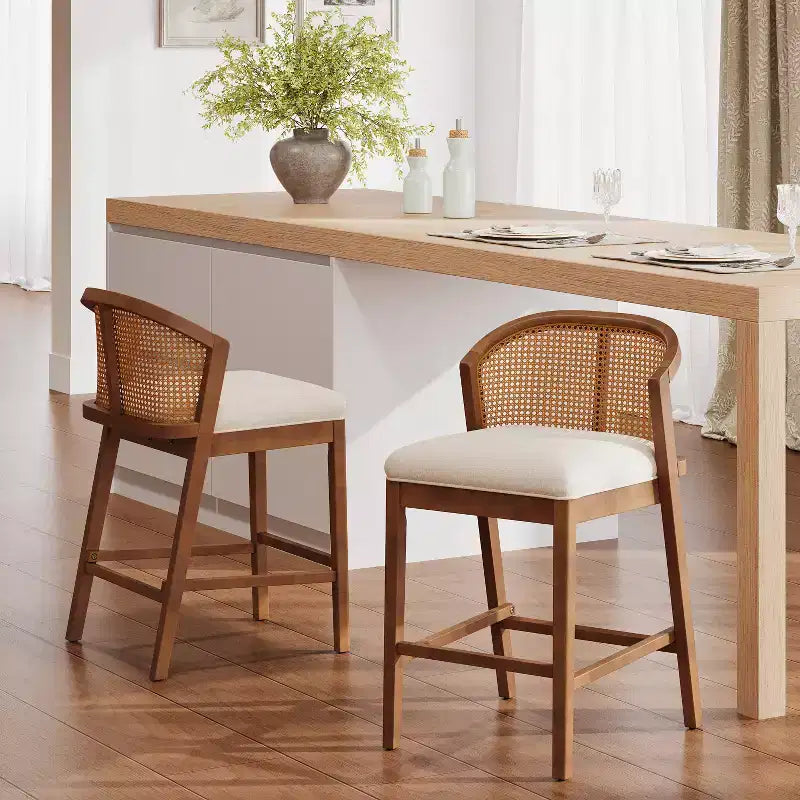 Chaise de salle à manger et tabouret de comptoir rembourré en rotin et bois d'hévéa