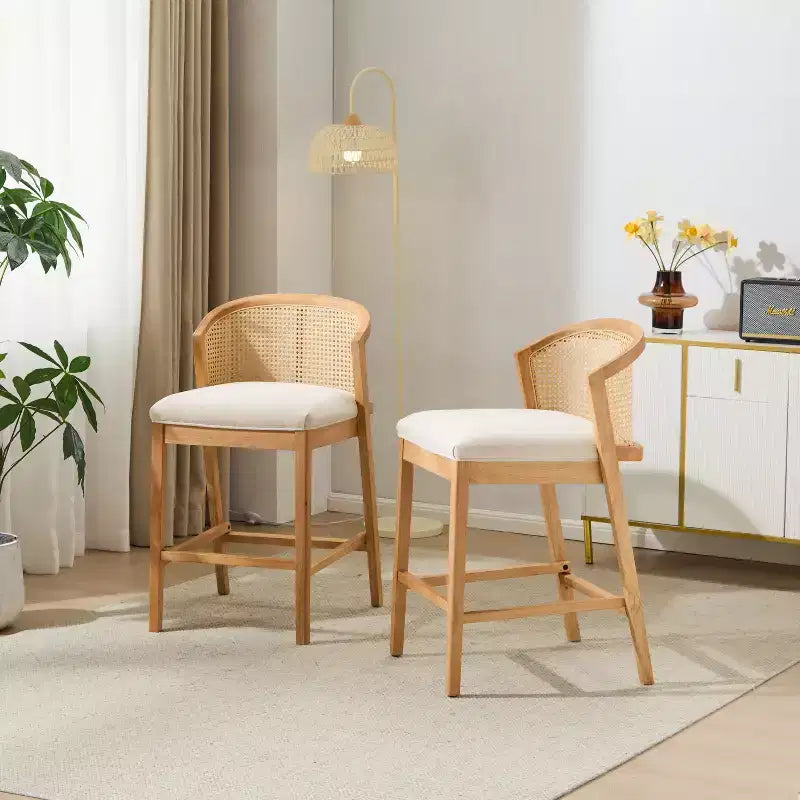 Chaise de salle à manger et tabouret de comptoir rembourré en rotin et bois d'hévéa