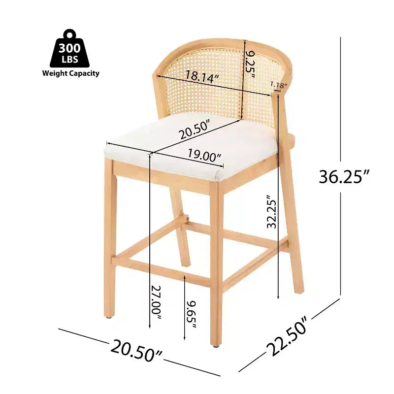 Chaise de salle à manger et tabouret de comptoir rembourré en rotin et bois d'hévéa