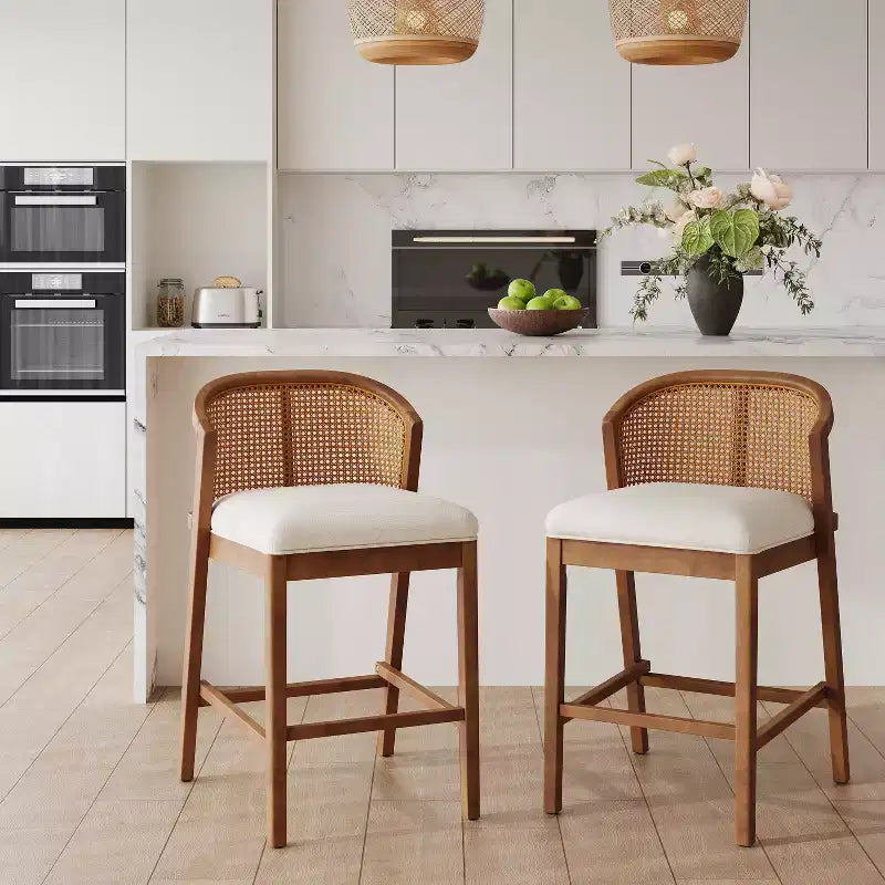 Chaise de salle à manger et tabouret de comptoir rembourré en rotin et bois d'hévéa