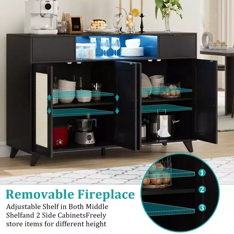 Buffet de Bahut, Meuble de Rangement d'Appoint 4 Portes en Rotin 2 Tiroirs