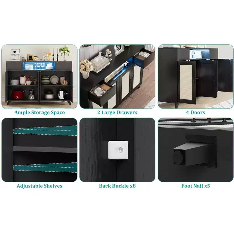 Buffet de Bahut, Meuble de Rangement d'Appoint 4 Portes en Rotin 2 Tiroirs
