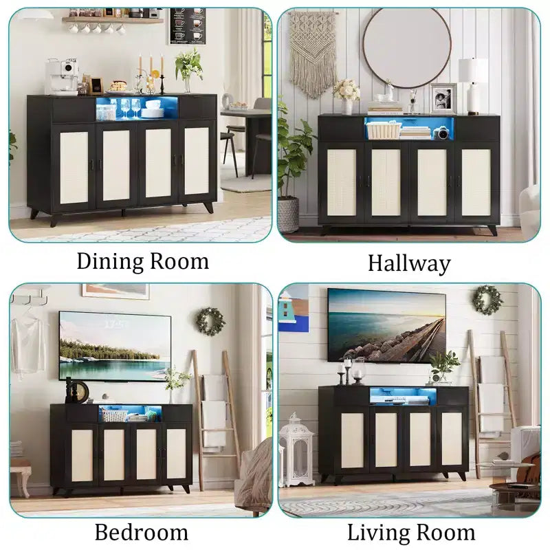 Buffet de Bahut, Meuble de Rangement d'Appoint 4 Portes en Rotin 2 Tiroirs