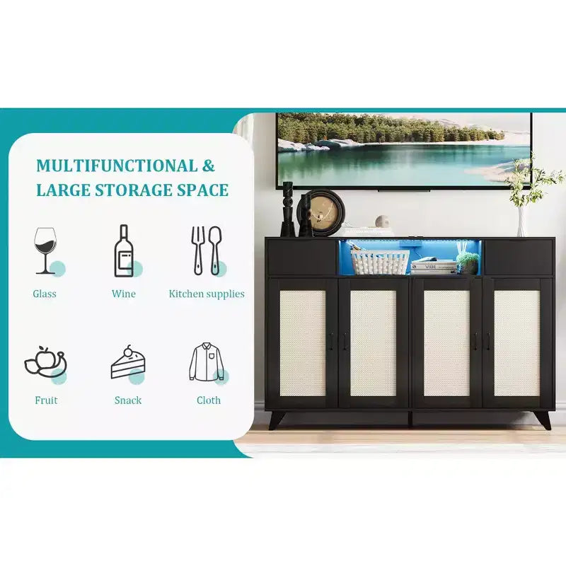 Buffet de Bahut, Meuble de Rangement d'Appoint 4 Portes en Rotin 2 Tiroirs
