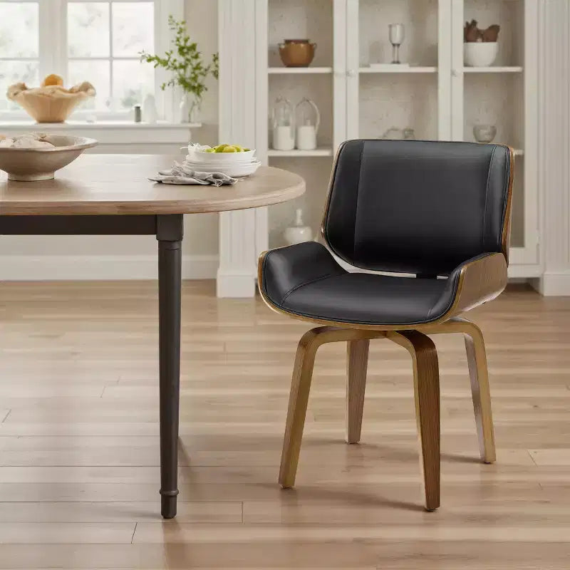 Chaise de salle à manger pivotante en bois courbé avec revêtement en similicuir et pieds en bois massif