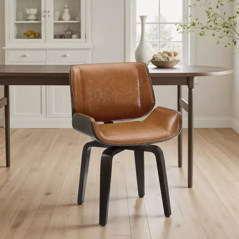 Chaise de salle à manger pivotante en bois courbé avec revêtement en similicuir et pieds en bois massif
