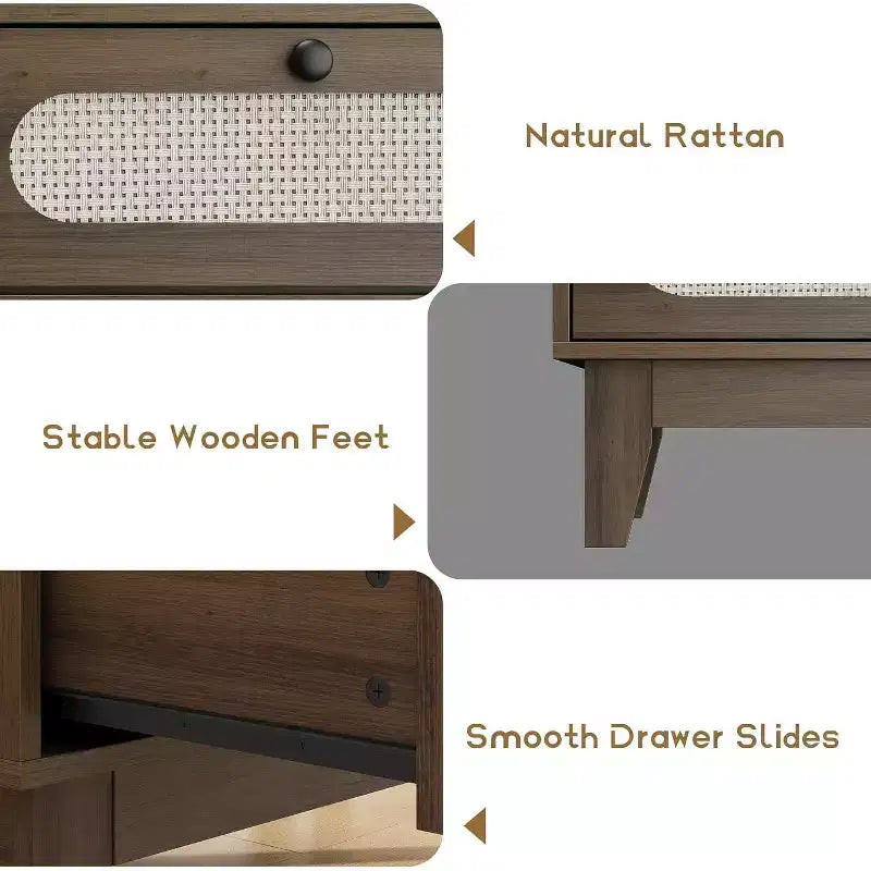 Commode à 3 tiroirs en rotin pour chambre à coucher, avec poignées et pieds en bois, commode de rangement compacte, petite commode moderne, pour chambre à coucher, salon