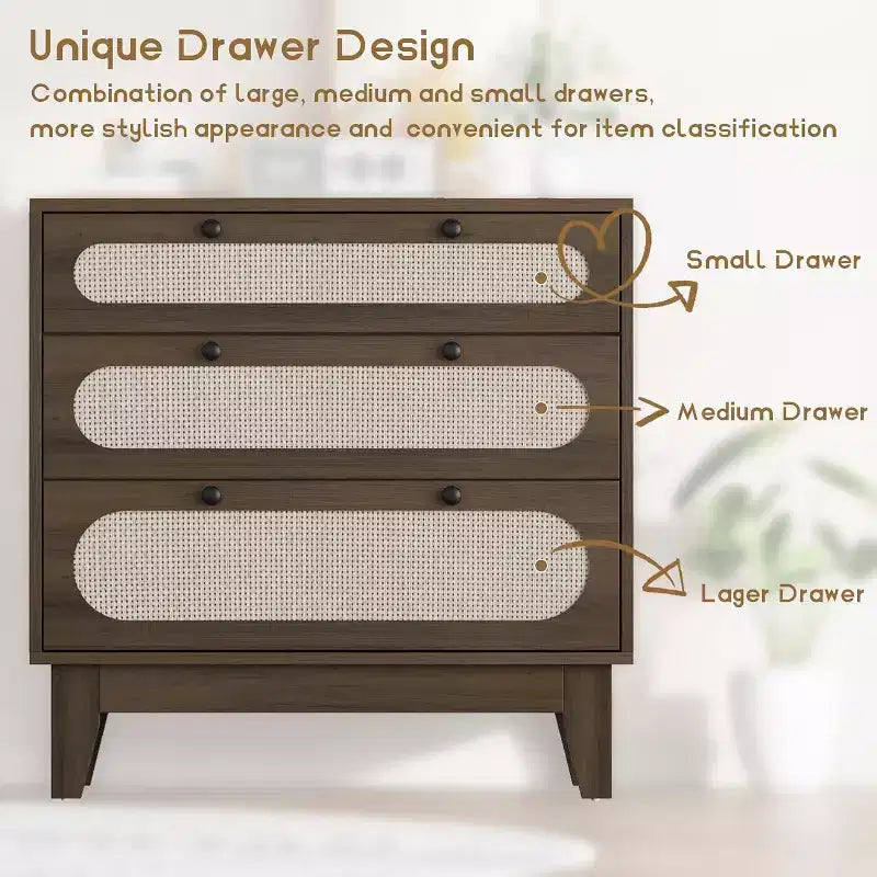 Commode à 3 tiroirs en rotin pour chambre à coucher, avec poignées et pieds en bois, commode de rangement compacte, petite commode moderne, pour chambre à coucher, salon