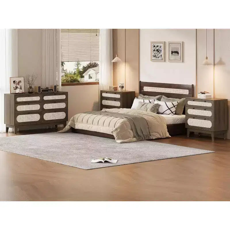 Commode à 3 tiroirs en rotin pour chambre à coucher, avec poignées et pieds en bois, commode de rangement compacte, petite commode moderne, pour chambre à coucher, salon