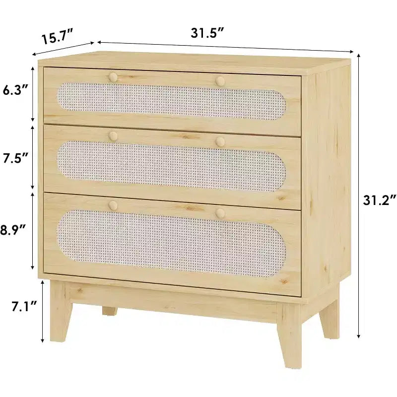 Commode à 3 tiroirs en rotin pour chambre à coucher, avec poignées et pieds en bois, commode de rangement compacte, petite commode moderne, pour chambre à coucher, salon