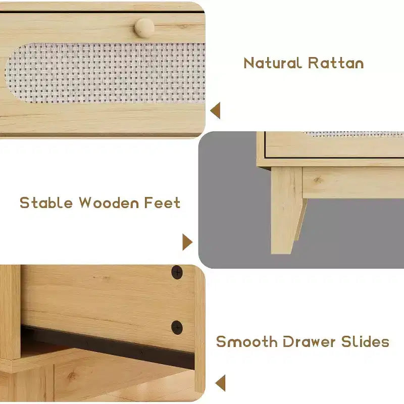 Commode à 3 tiroirs en rotin pour chambre à coucher, avec poignées et pieds en bois, commode de rangement compacte, petite commode moderne, pour chambre à coucher, salon