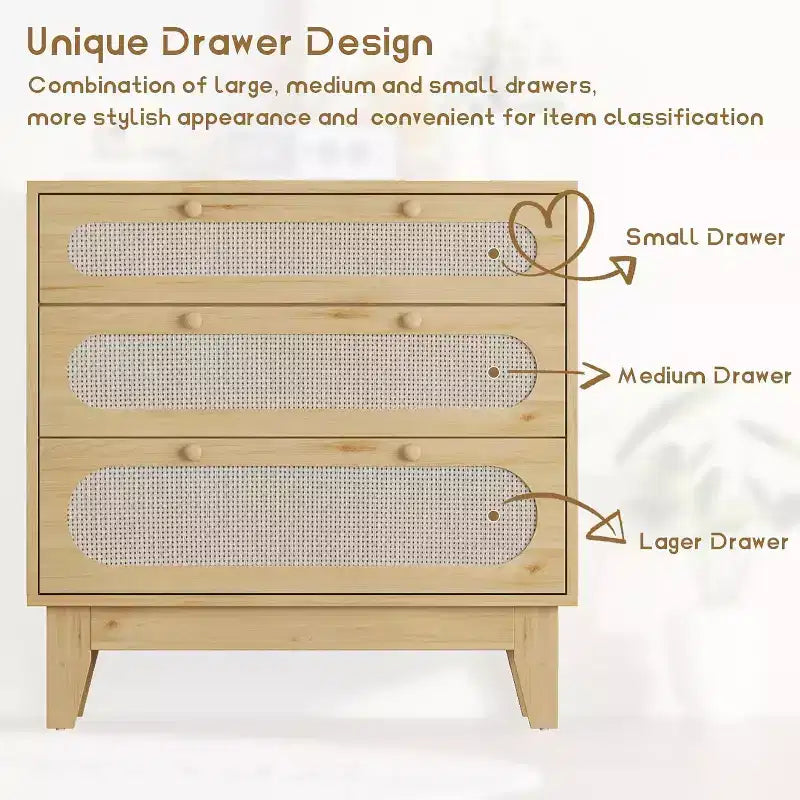 Commode à 3 tiroirs en rotin pour chambre à coucher, avec poignées et pieds en bois, commode de rangement compacte, petite commode moderne, pour chambre à coucher, salon
