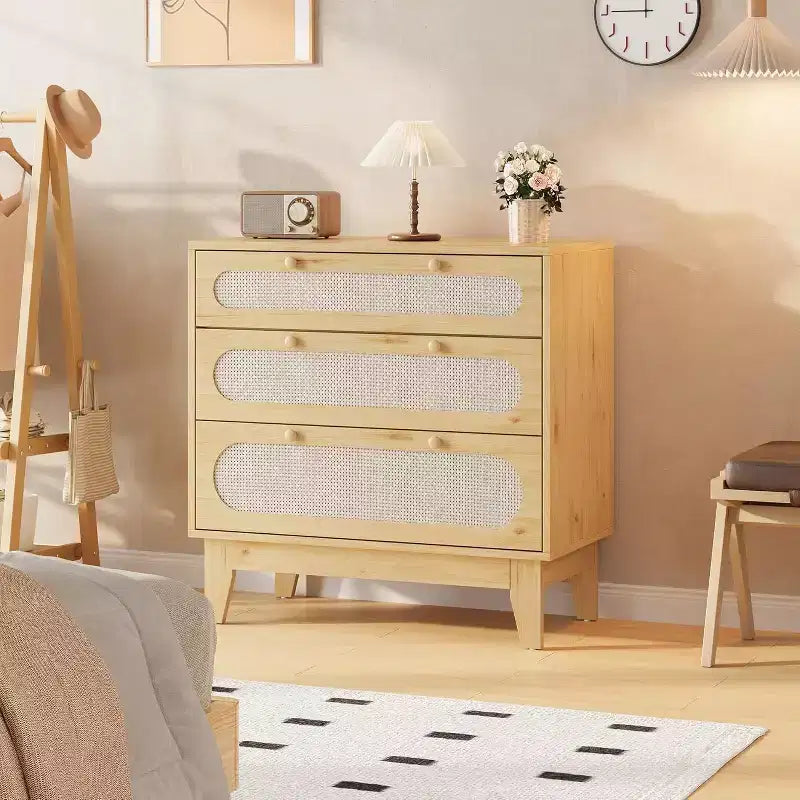 Commode à 3 tiroirs en rotin pour chambre à coucher, avec poignées et pieds en bois, commode de rangement compacte, petite commode moderne, pour chambre à coucher, salon