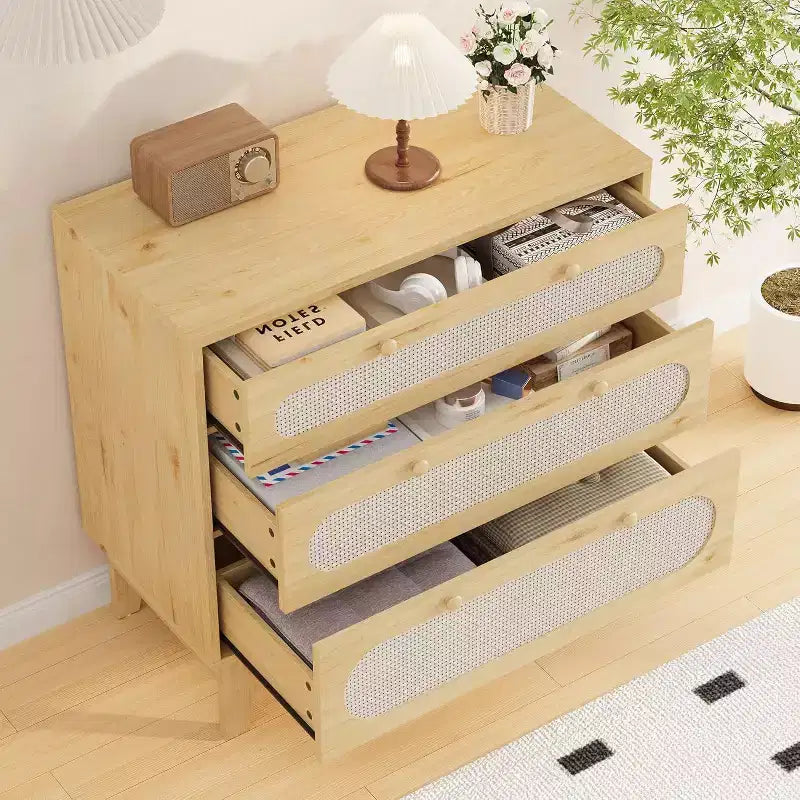 Commode à 3 tiroirs en rotin pour chambre à coucher, avec poignées et pieds en bois, commode de rangement compacte, petite commode moderne, pour chambre à coucher, salon