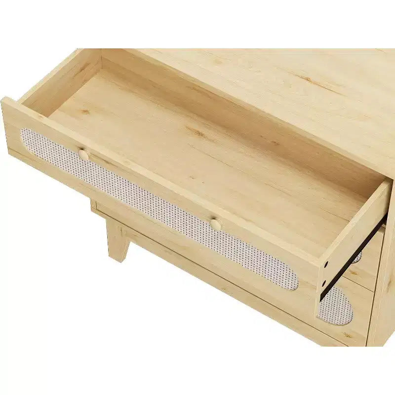 Commode à 3 tiroirs en rotin pour chambre à coucher, avec poignées et pieds en bois, commode de rangement compacte, petite commode moderne, pour chambre à coucher, salon