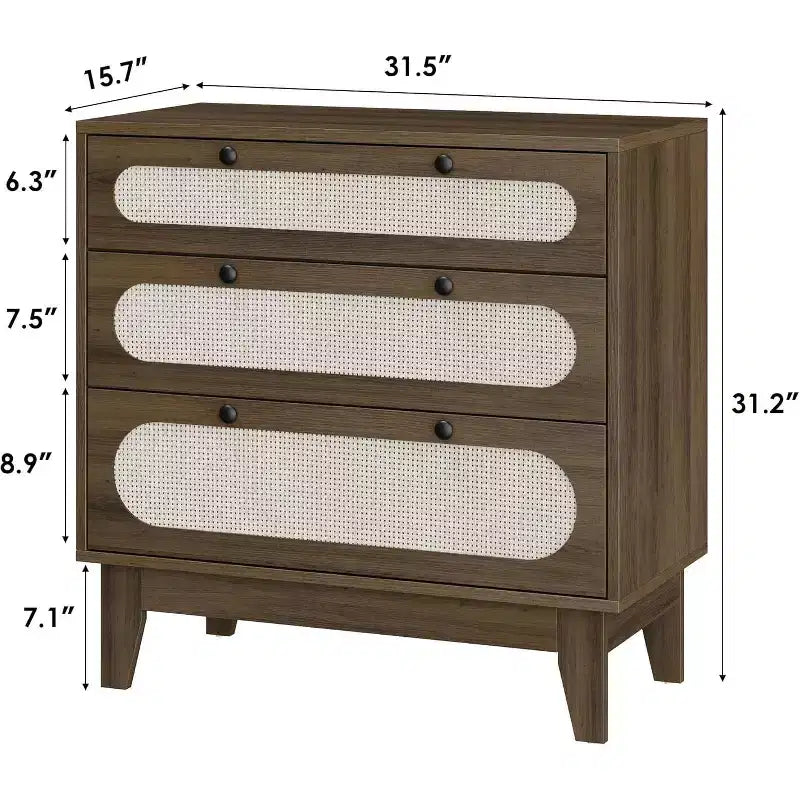 Commode à 3 tiroirs en rotin pour chambre à coucher, avec poignées et pieds en bois, commode de rangement compacte, petite commode moderne, pour chambre à coucher, salon