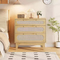 Rattan 3 Different Drawer Dresser for Bedroom, Handles and Wooden Legs, Compact Storage Chest, Modern Small Dresser, for Bedroom, Living Room