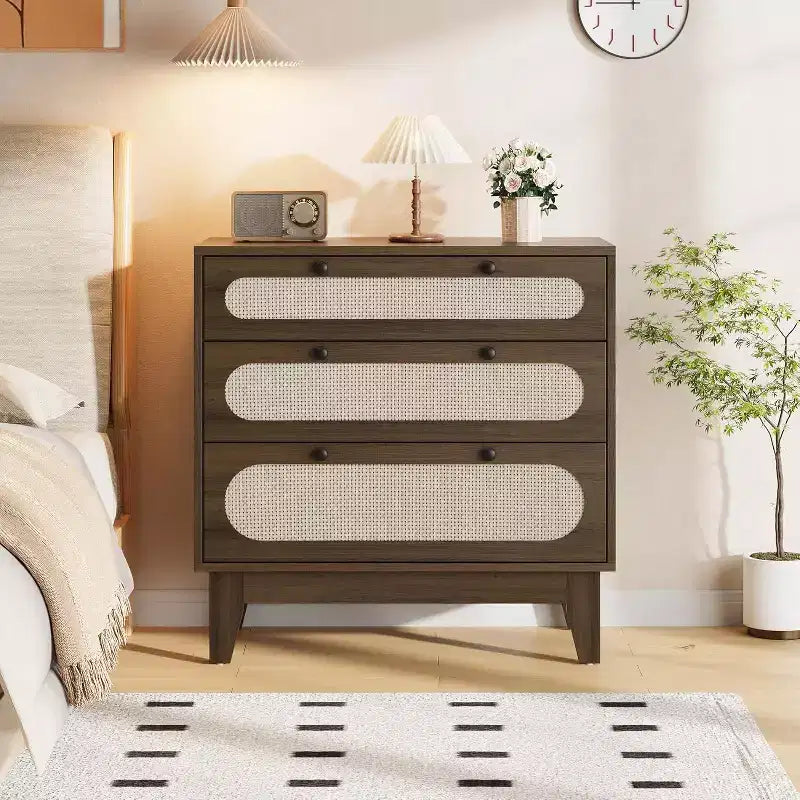 Commode à 3 tiroirs en rotin pour chambre à coucher, avec poignées et pieds en bois, commode de rangement compacte, petite commode moderne, pour chambre à coucher, salon