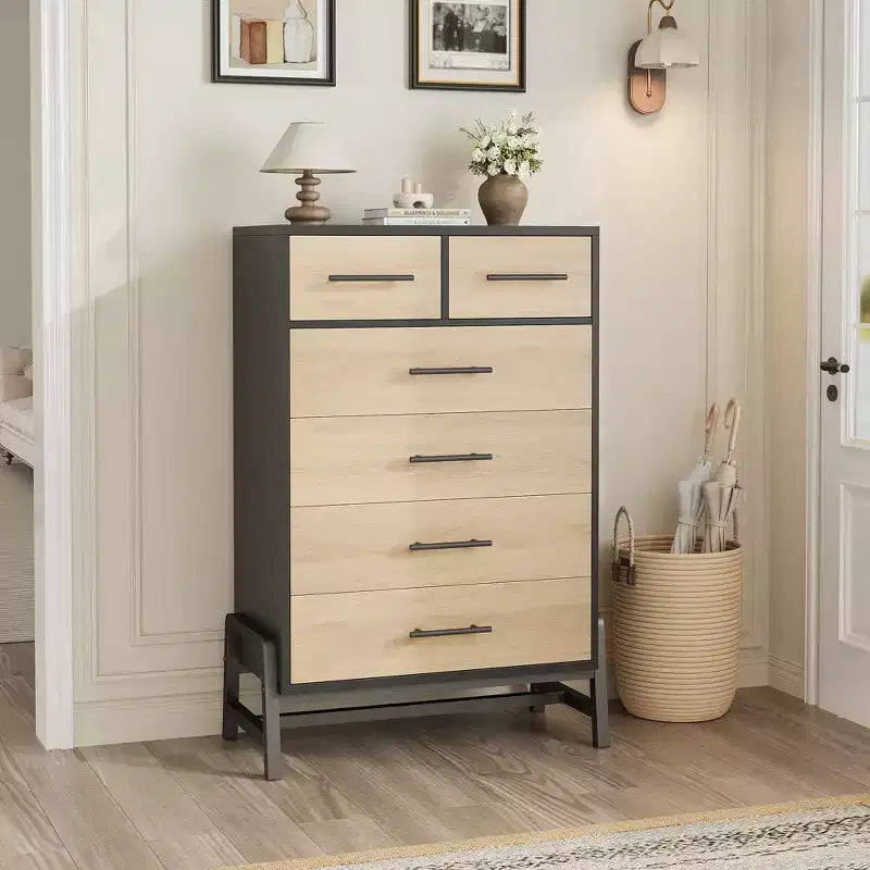Commode de chambre à coucher, commode haute de 118,4 cm, tiroir haut de rangement autonome, commode en bois pour salon, chambre à coucher, chêne naturel