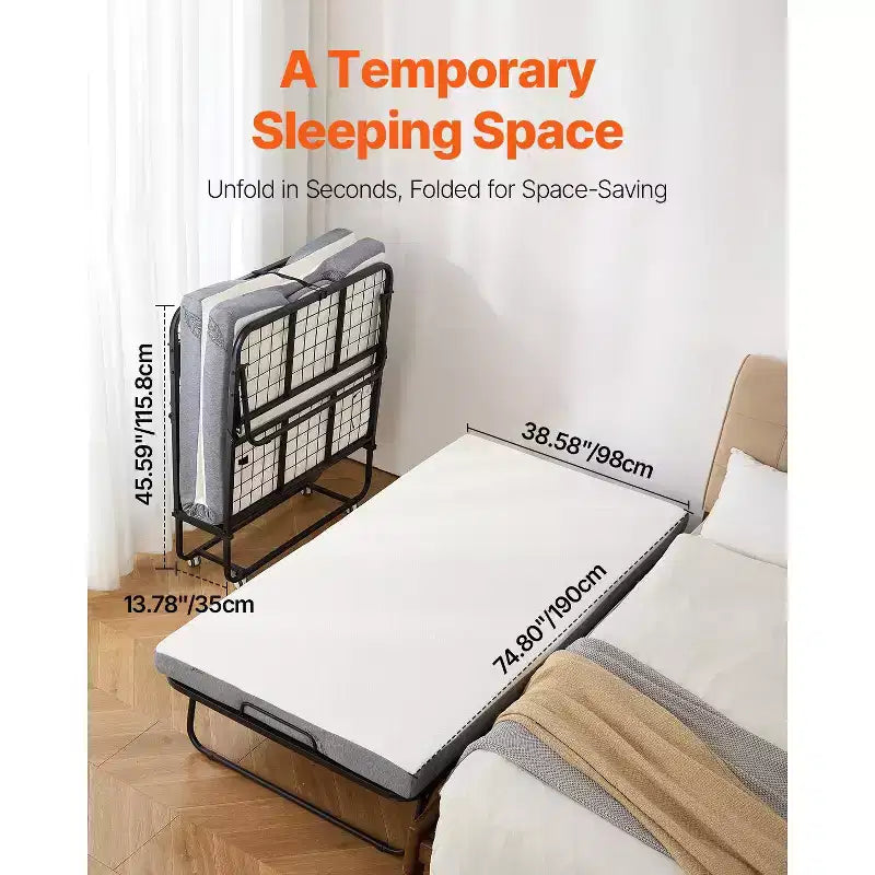 Lit pliant, lit escamotable 96,5 cm x 190,5 cm avec matelas de 10 cm, lit pliant simple avec cadre métallique robuste et matelas en mousse à mémoire de forme