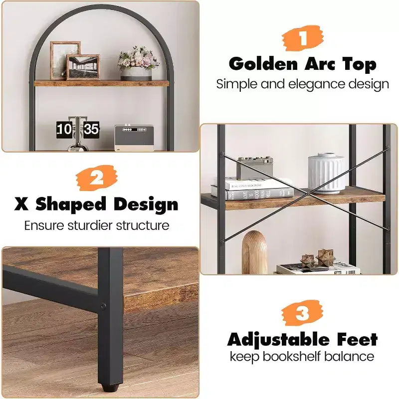 Bibliothèque moderne à 5 niveaux avec arches - Étagères en bois et cadre en métal pour le salon, la chambre ou le bureau.