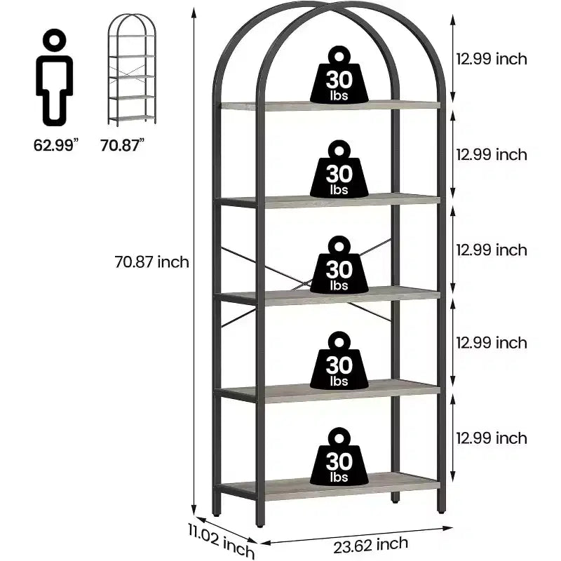 Bibliothèque moderne à 5 niveaux avec arches - Étagères en bois et cadre en métal pour le salon, la chambre ou le bureau.