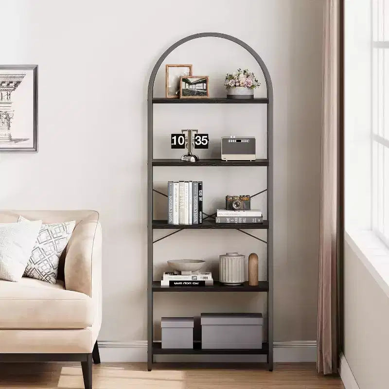 Bibliothèque moderne à 5 niveaux avec arches - Étagères en bois et cadre en métal pour le salon, la chambre ou le bureau.