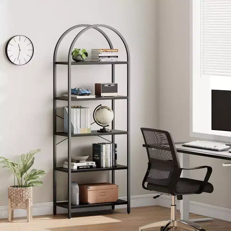 Bibliothèque moderne à 5 niveaux avec arches - Étagères en bois et cadre en métal pour le salon, la chambre ou le bureau.