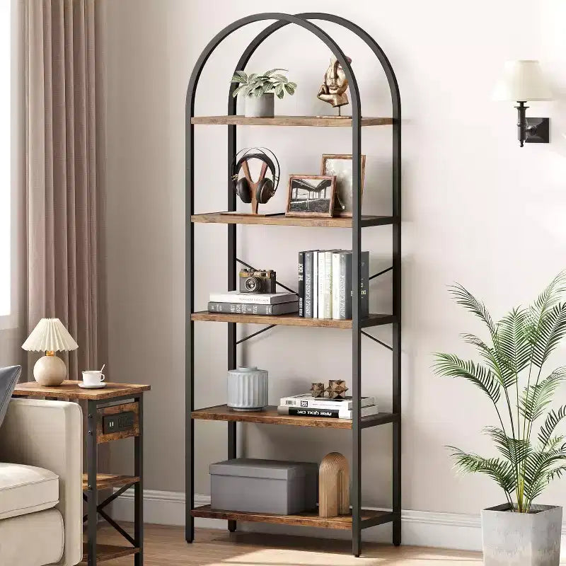 Bibliothèque moderne à 5 niveaux avec arches - Étagères en bois et cadre en métal pour le salon, la chambre ou le bureau.