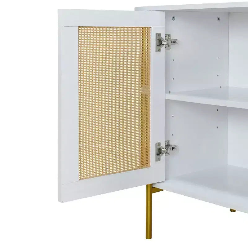 Bahut de salle à manger rustique avec portes décoratives en rotin et étagères réglables