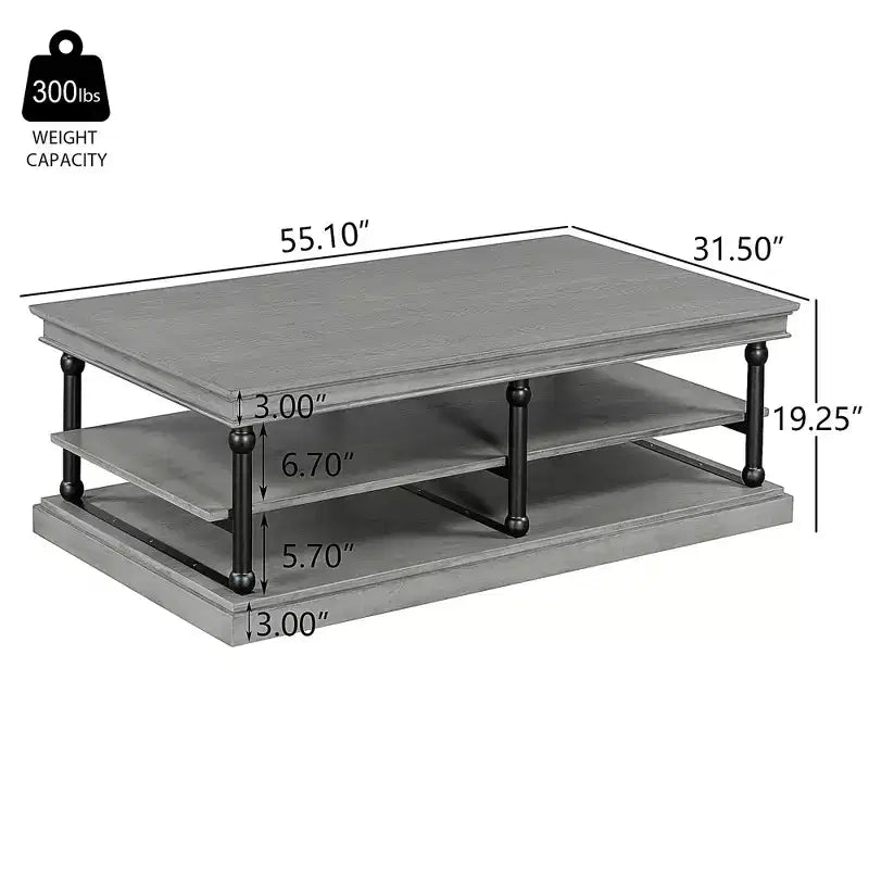 Table basse moderne en bois de 55 po avec 2 étagères de rangement ouvertes