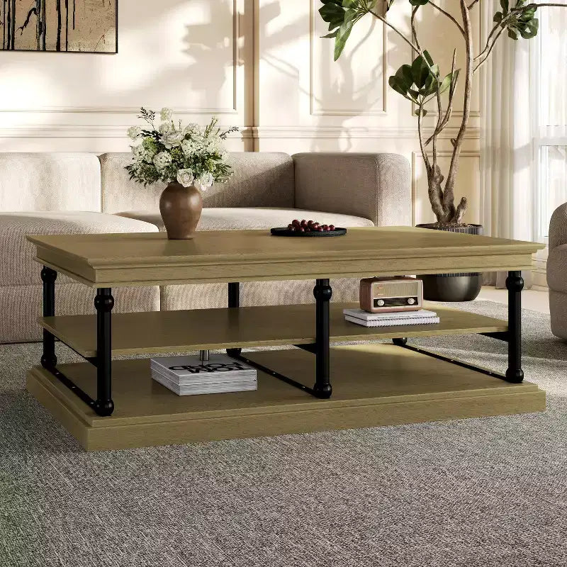 Table basse moderne en bois de 55 po avec 2 étagères de rangement ouvertes