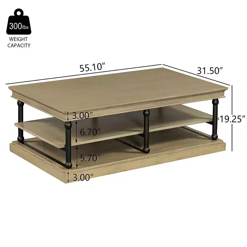 Table basse moderne en bois de 55 po avec 2 étagères de rangement ouvertes