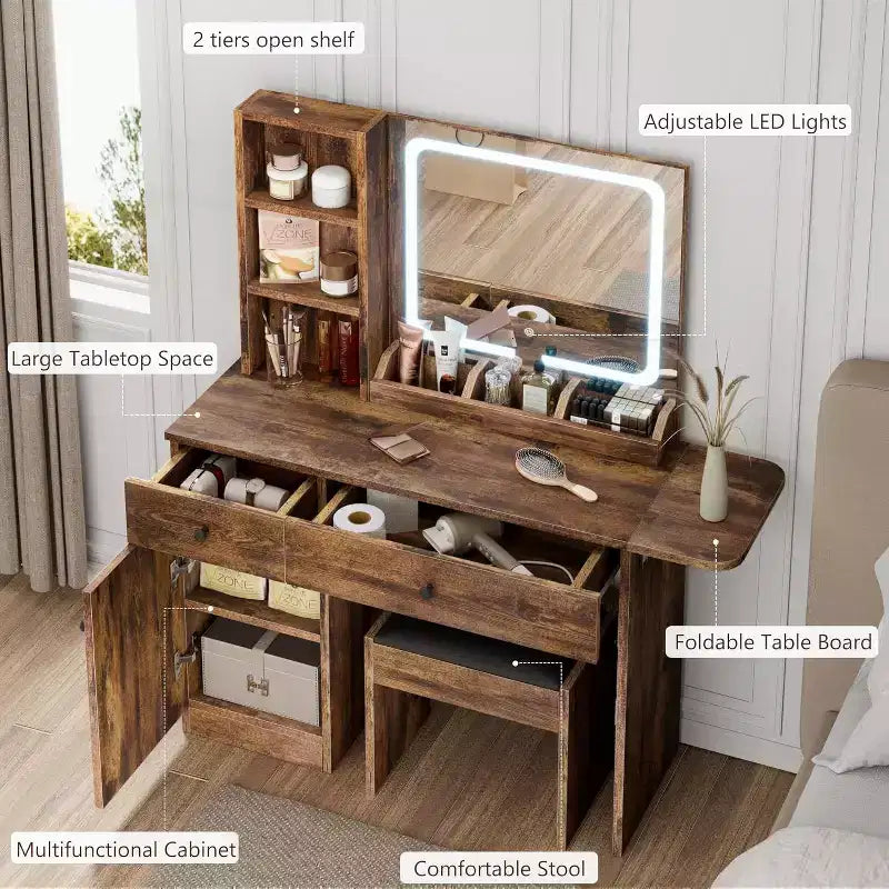 Coiffeuse de chambre avec lumières, commode en bois, commode moderne avec tiroirs, meuble, étagère et tabouret pour coiffeuse.