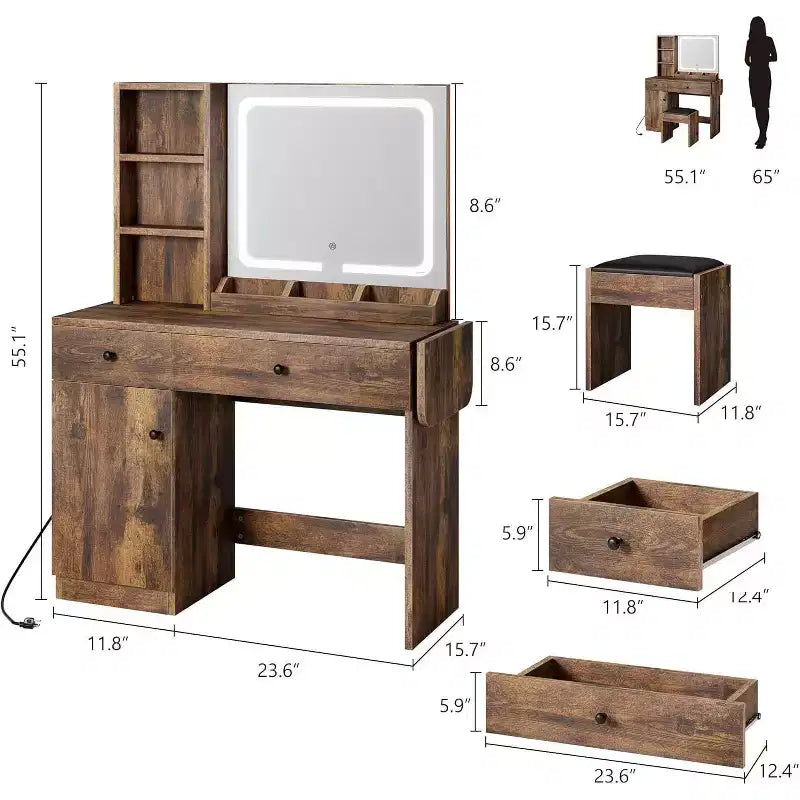 Coiffeuse de chambre avec lumières, commode en bois, commode moderne avec tiroirs, meuble, étagère et tabouret pour coiffeuse.
