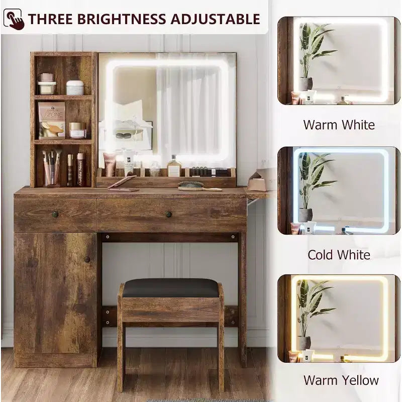 Coiffeuse de chambre avec lumières, commode en bois, commode moderne avec tiroirs, meuble, étagère et tabouret pour coiffeuse.