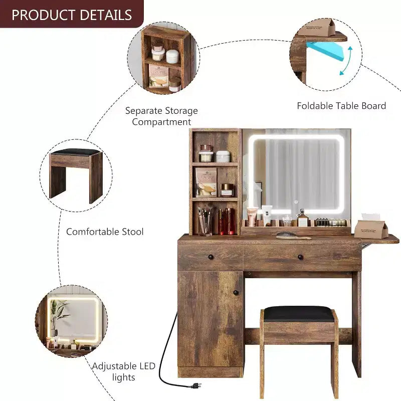 Coiffeuse de chambre avec lumières, commode en bois, commode moderne avec tiroirs, meuble, étagère et tabouret pour coiffeuse.