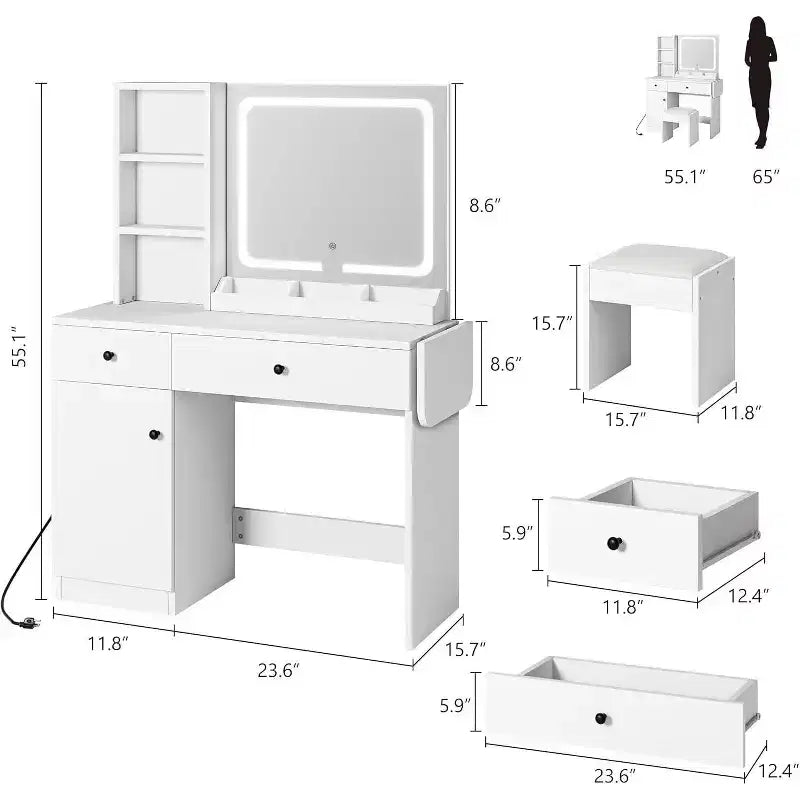 Coiffeuse de chambre avec lumières, commode en bois, commode moderne avec tiroirs, meuble, étagère et tabouret pour coiffeuse.