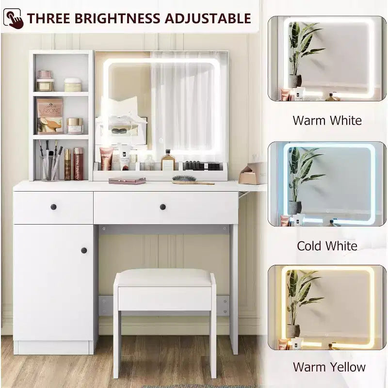 Coiffeuse de chambre avec lumières, commode en bois, commode moderne avec tiroirs, meuble, étagère et tabouret pour coiffeuse.