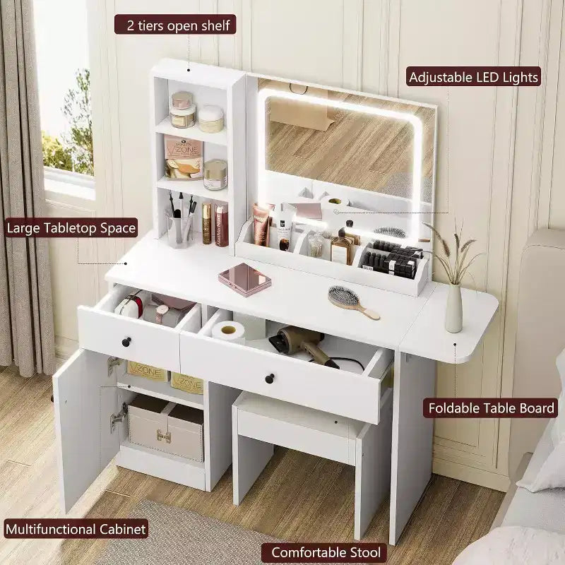 Coiffeuse de chambre avec lumières, commode en bois, commode moderne avec tiroirs, meuble, étagère et tabouret pour coiffeuse.