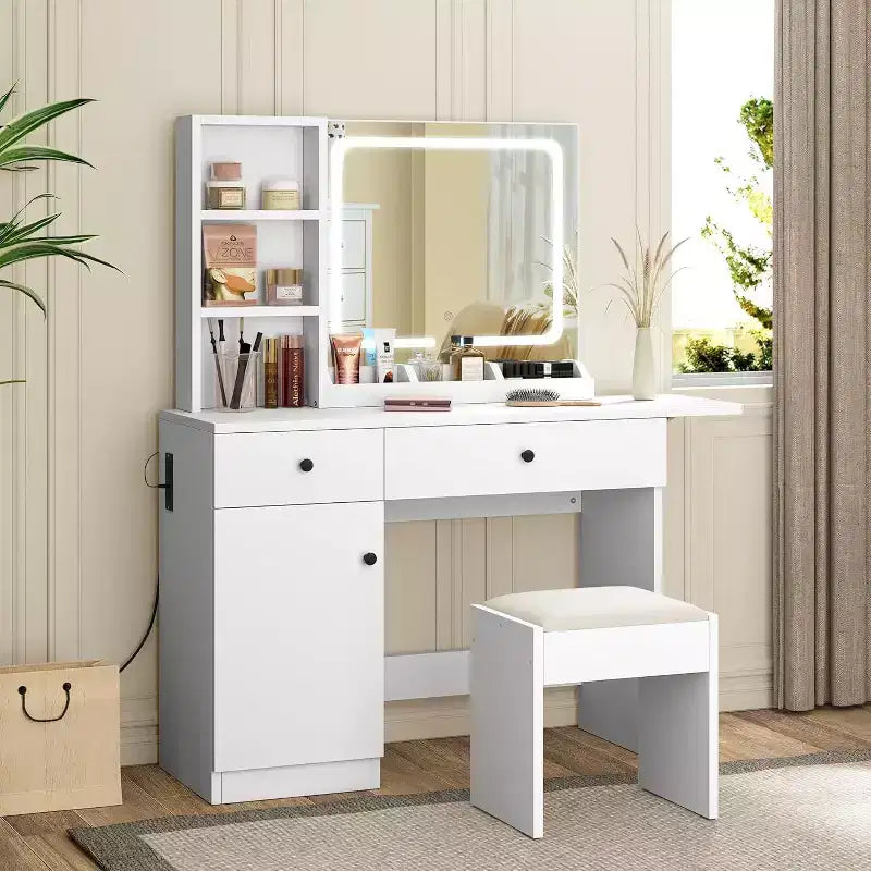 Coiffeuse de chambre avec lumières, commode en bois, commode moderne avec tiroirs, meuble, étagère et tabouret pour coiffeuse.