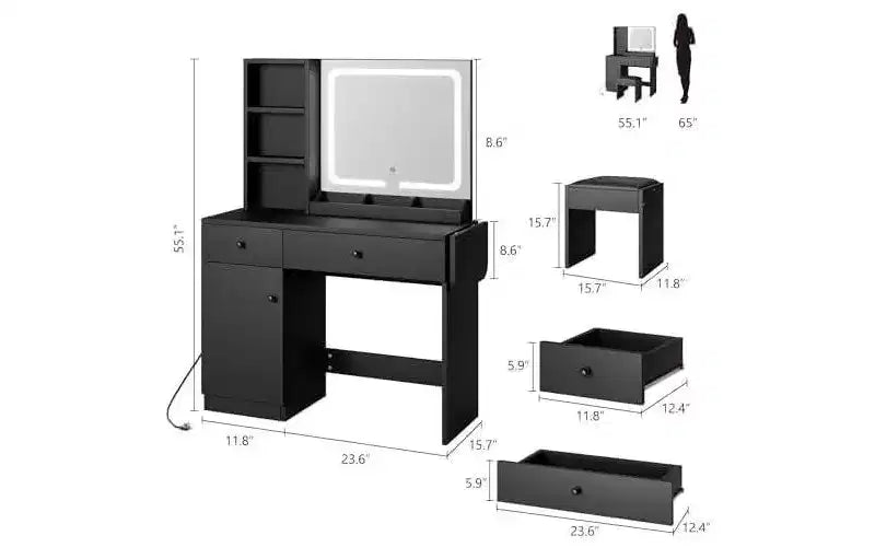 Coiffeuse de chambre avec lumières, commode en bois, commode moderne avec tiroirs, meuble, étagère et tabouret pour coiffeuse.