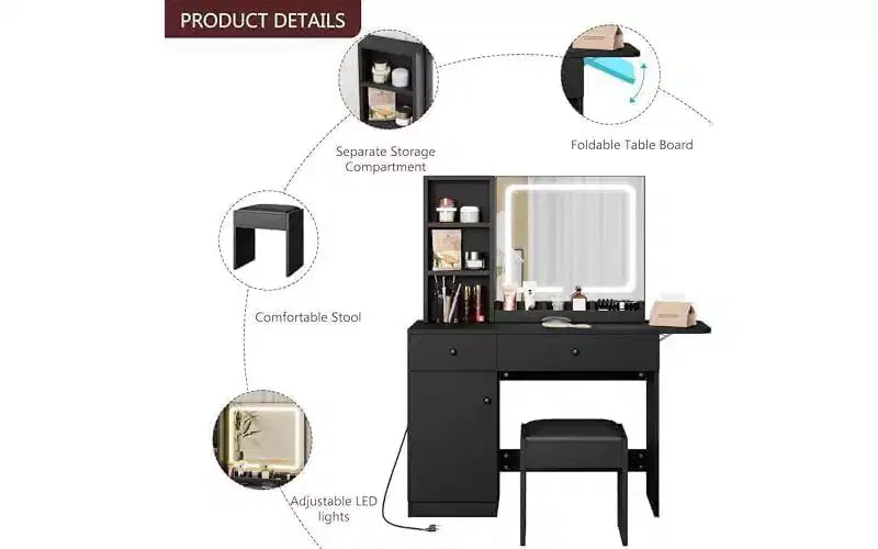 Coiffeuse de chambre avec lumières, commode en bois, commode moderne avec tiroirs, meuble, étagère et tabouret pour coiffeuse.